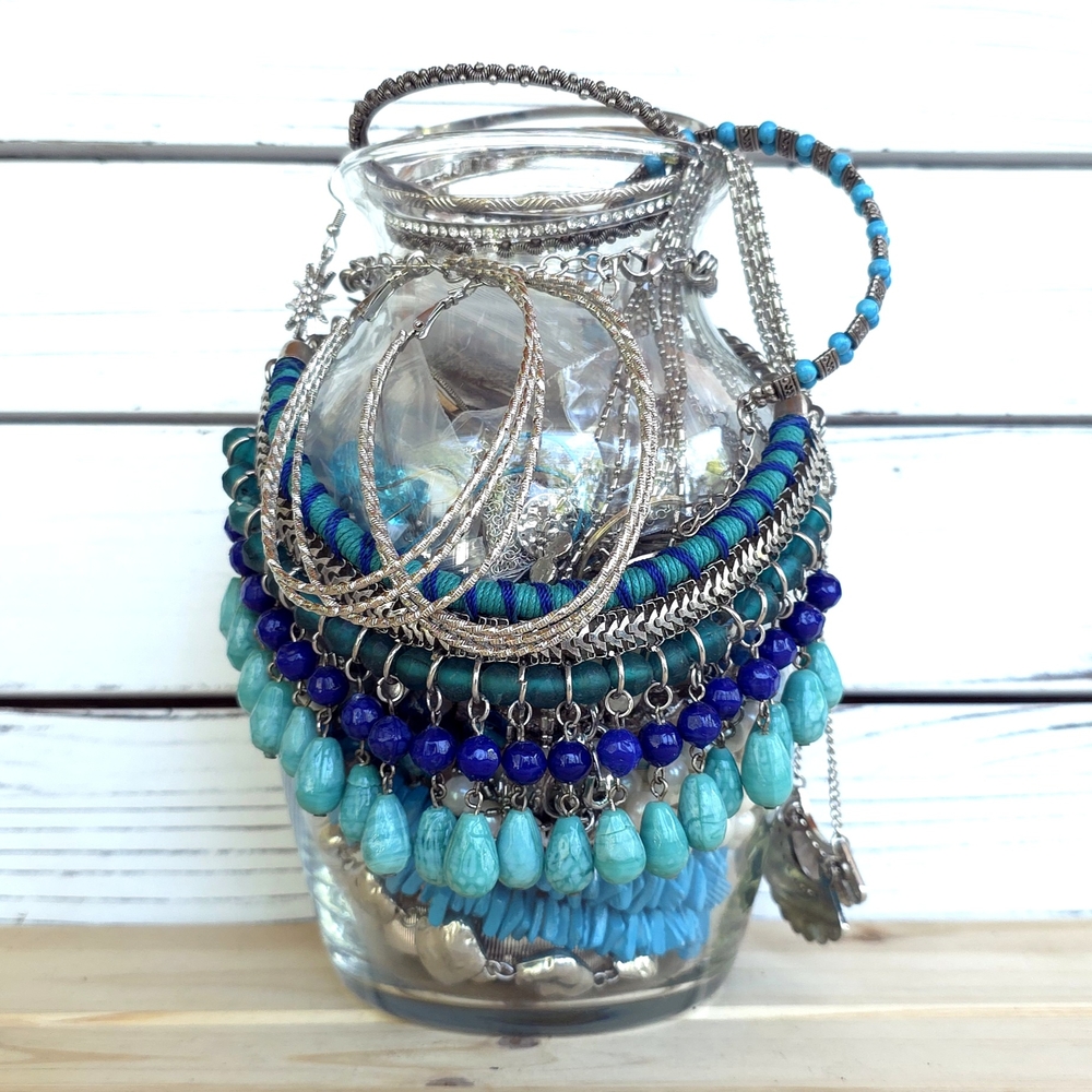 Silver & Blue Curated Mystery Jewelry Jar 2lb 9oz Vintage-Modern Wearable 6a